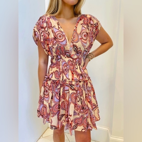 NEW A.L.C Luna Smocked Dress Nude Peach Multi 12 - Picture 3 of 16